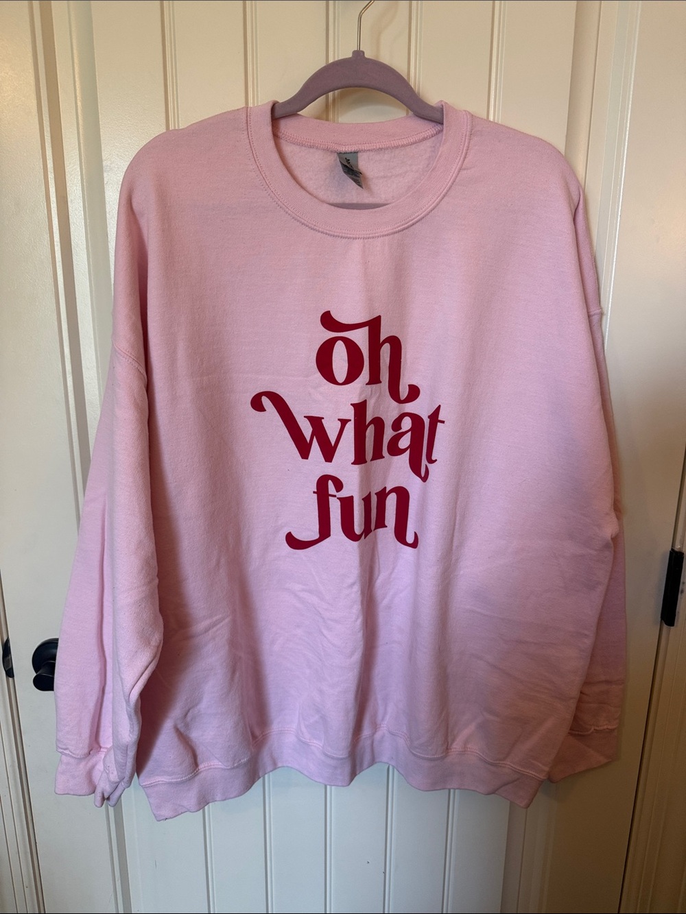 Gildan Pink Sweatshirt with Red "Oh What Fun" Graphic